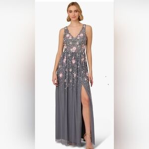 Adrianna Papell.                         Women's Floral Embellished V-Neck Gown